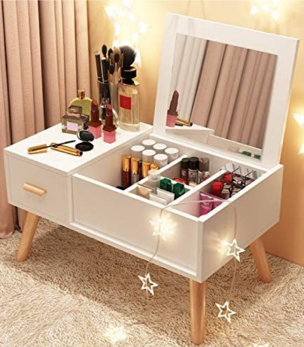 bàn trang điểm mini màu trắng có nắp gương mở
