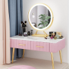 bàn trang điểm mini màu hồng, gương tròn