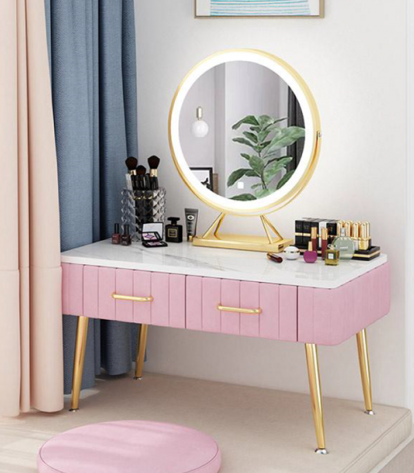 bàn trang điểm mini màu hồng, gương tròn