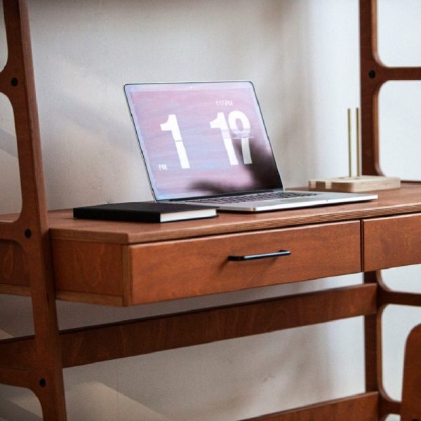 Bàn làm việc liền giá sách có 2 tủ kéo